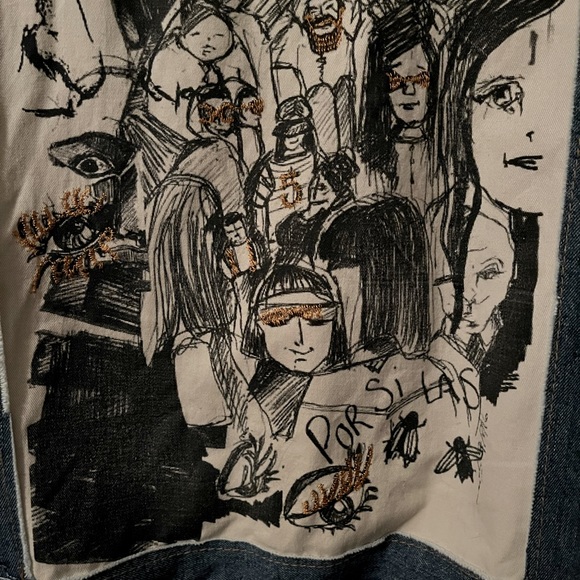 💙Rare ZARA Artist Drawing Denim Jacket Snaps Zipper Fall Autumn Size Large L💙 - Picture 12 of 16